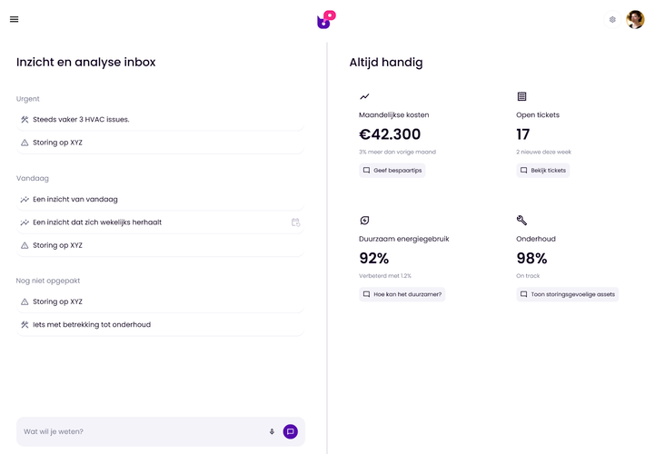 BasePulse: links een inbox met inzichten en storingen, rechts een overzicht van kosten, open tickets, energiegebruik en onderhoud